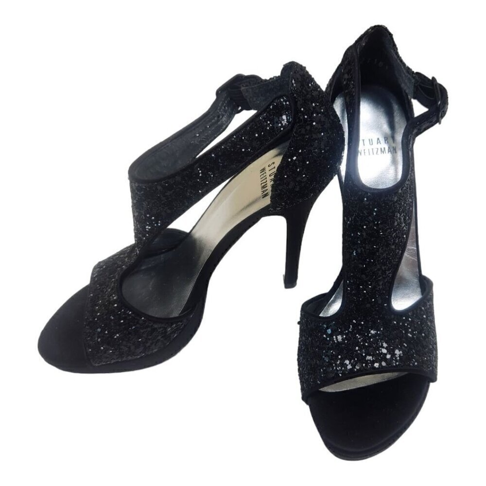 Stuart Weitzman Black Glitter Leather T Strip High Heel Platform Size 6.5M